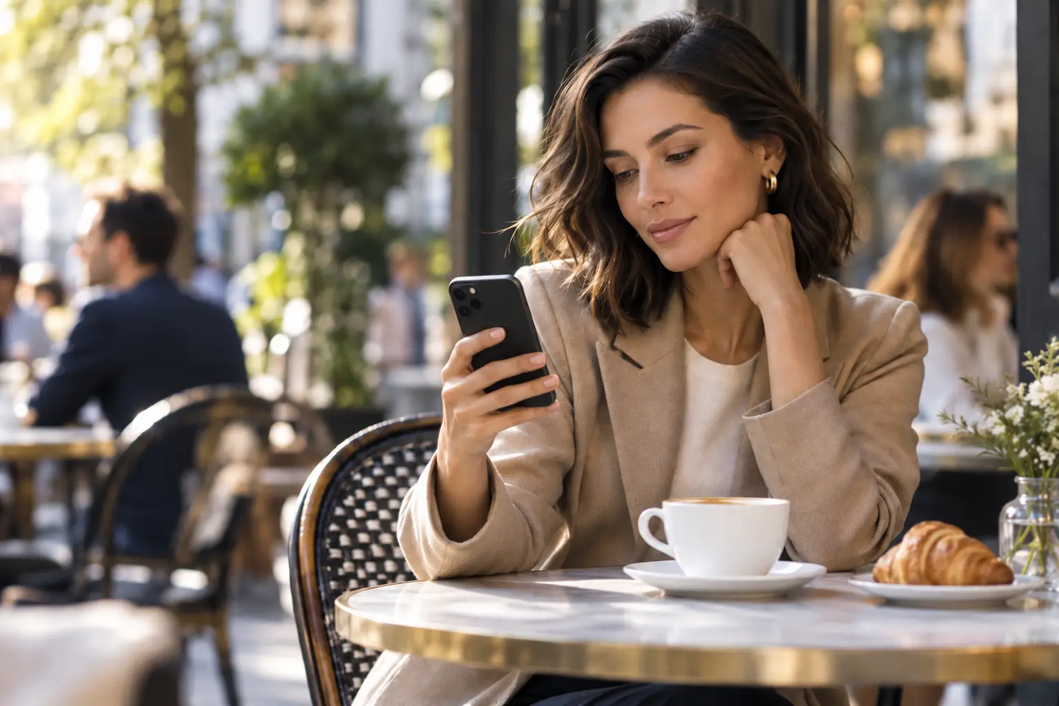 Personne consultant son téléphone à une table de café dans un lieu public