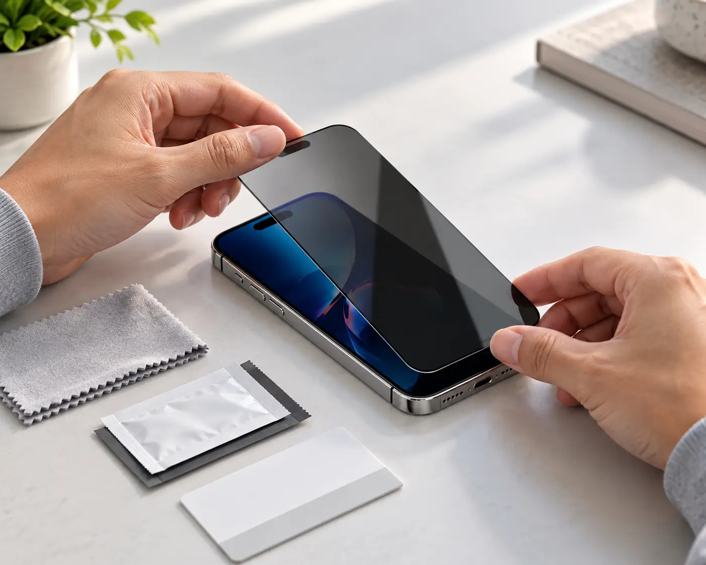 Installation soigneuse d’une protection d’écran sur un smartphone avec les outils prévus