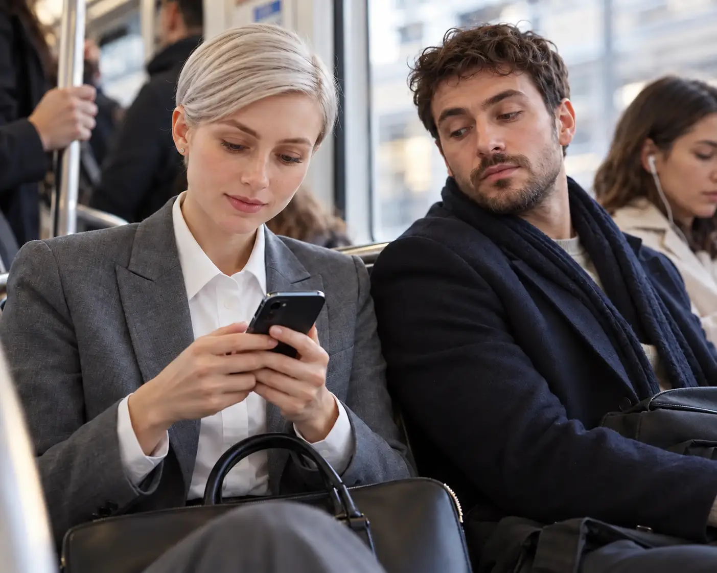 Voyageur consultant son smartphone dans les transports en commun à proximité d’autres passagers