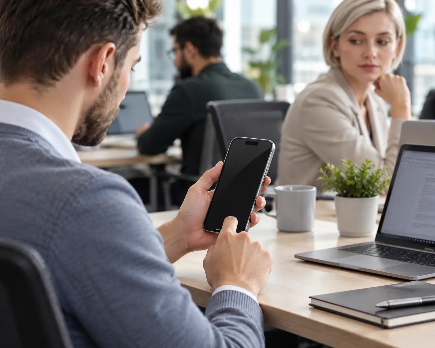 Téléphone posé devant un ordinateur dans un espace de travail partagé